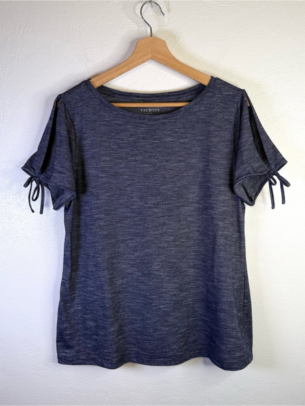 Talbots Navy Marled Short-Sleeve Top with Tie Sleeve Open Detail Women's Size L